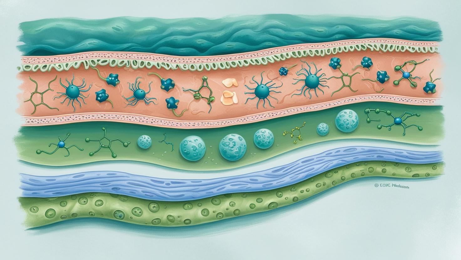 Illustration of amniotic membrane layers, showcasing biological molecules and growth factors, soft color palette with blues and greens to suggest healing.