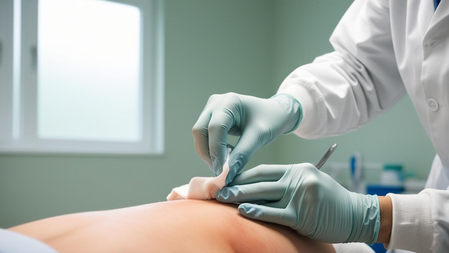Clinician performing wound preparation steps, wearing gloves, gently cleaning and prepping a patient's wound bed in a professional clinical setting.