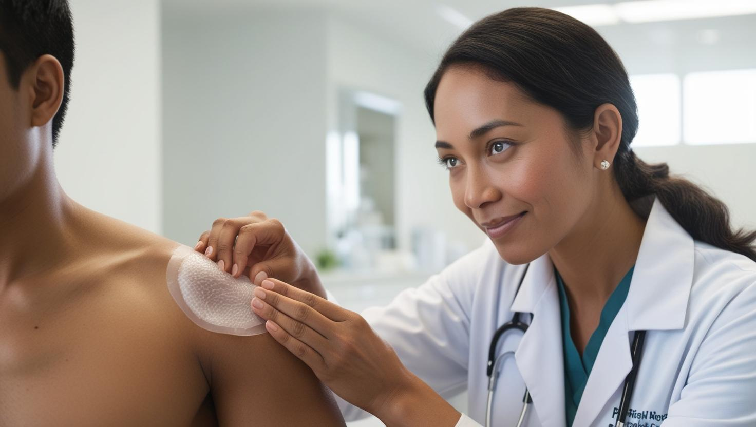 Close-up of a medical professional applying a translucent amniotic membrane to a patient's wound, soft lighting, clean clinical environment, focus on gentle hands and care.