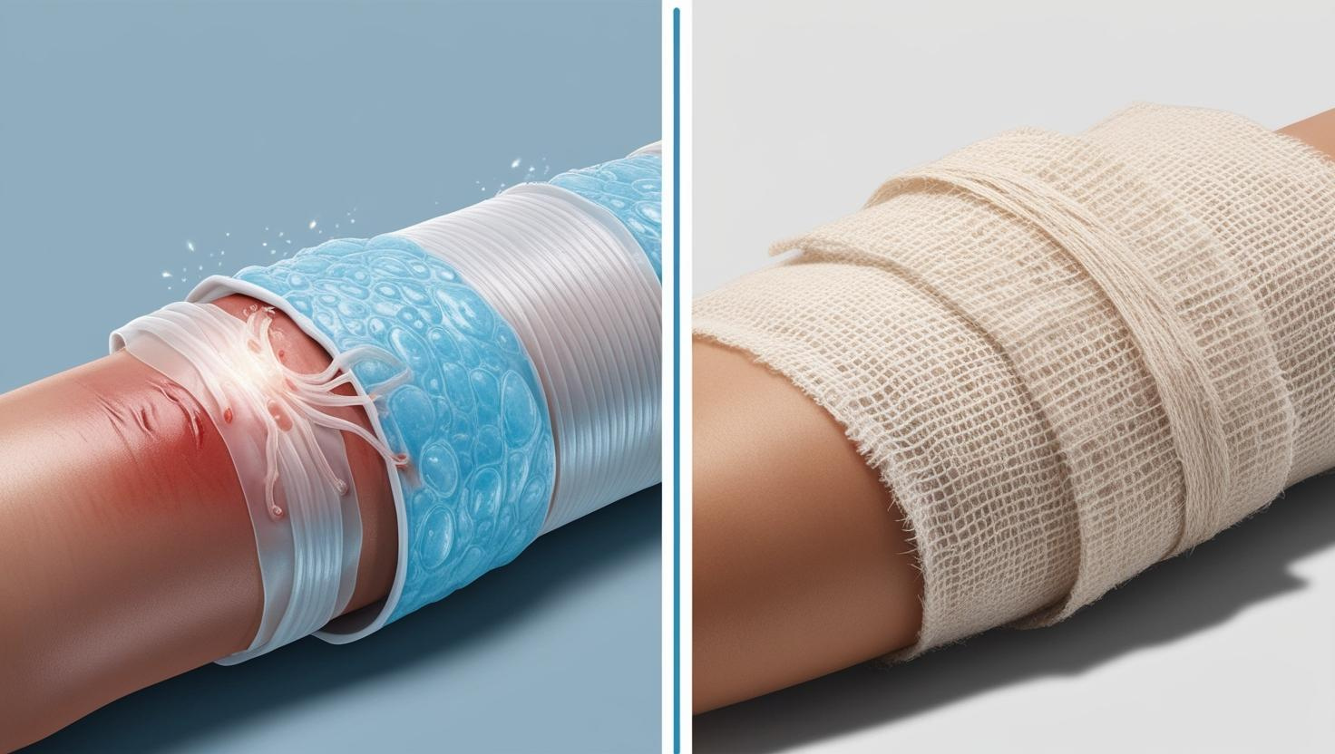 A split‑screen medical illustration showing on the left a wound wrapped in modern Biolab amniotic membrane wrap—moist, semi‑transparent, with cellular growth factors glowing—and on the right the same wound under traditional cotton gauze, dry and fibrous; clean infographic style, soft blues and whites, high contrast,