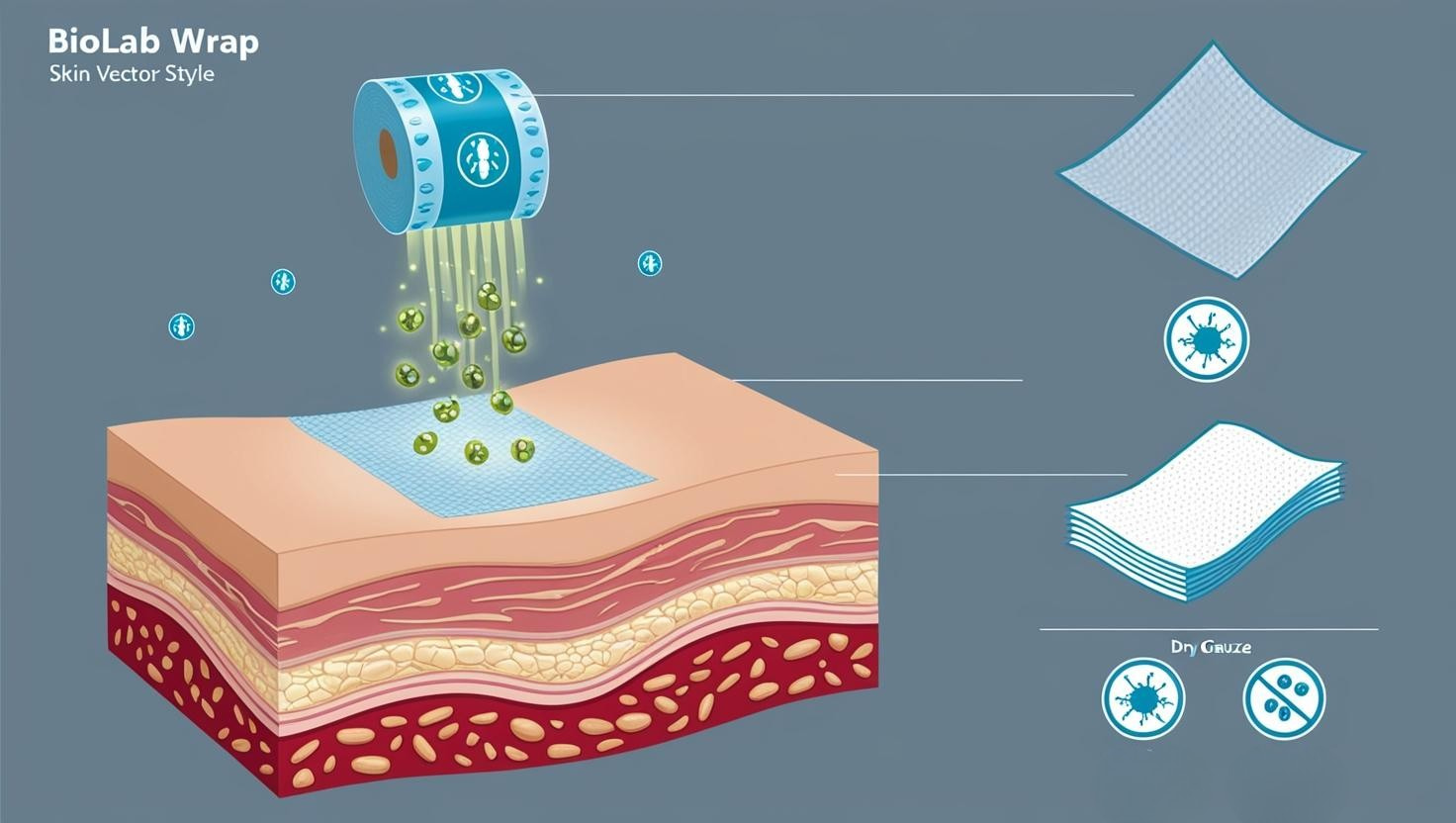 Stylized cutaway diagram of skin layers with Biolab Wrap releasing growth‑factor icons (small glowing particles) into the wound bed, plus antimicrobial shield icons, contrasted against gauze showing dry environment and bacterial icons; clean vector style, muted medical blues.