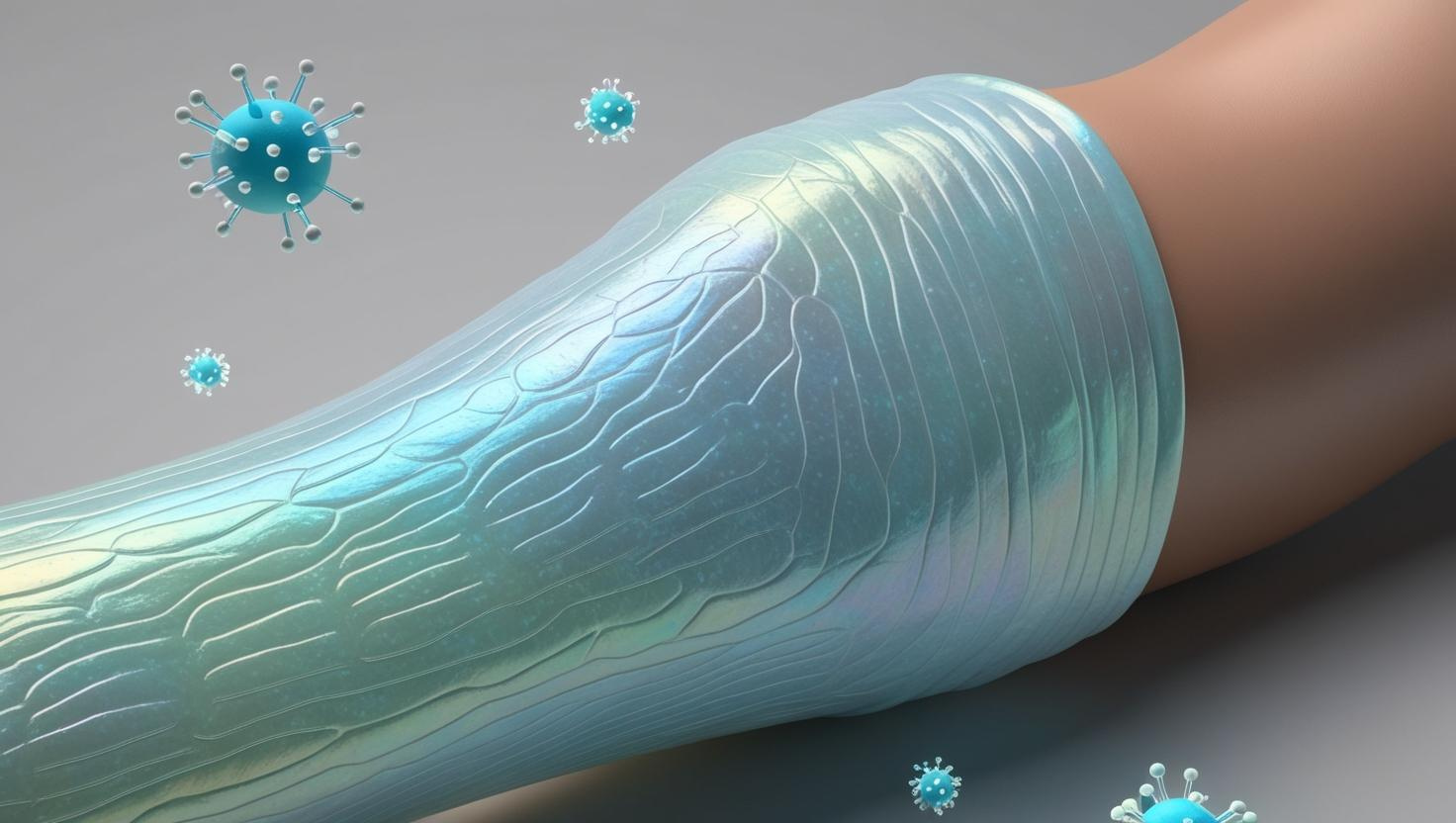 Close‑up 3D‑style rendering of a semi‑transparent amniotic membrane wrap gently conforming to a wound, with small floating molecular structures around it representing cytokines and growth factors; clinical, high‑resolution, cool‑tone palette.