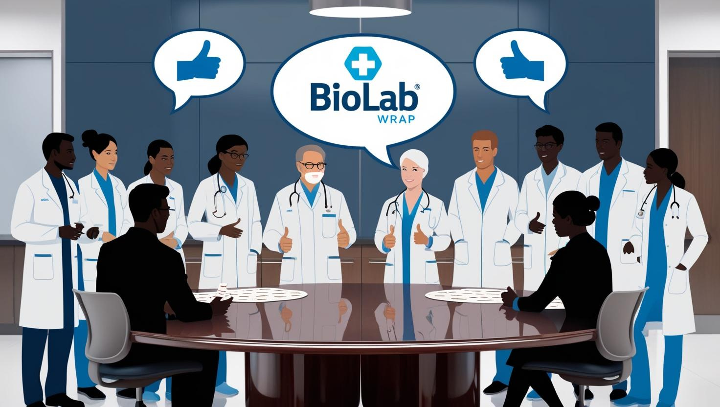 Silhouetted healthcare professionals in lab coats discussing wound dressings around a conference table, speech bubbles showing thumbs‑up over Biolab Wrap icon; semi‑flat illustration, muted corporate blue and white.