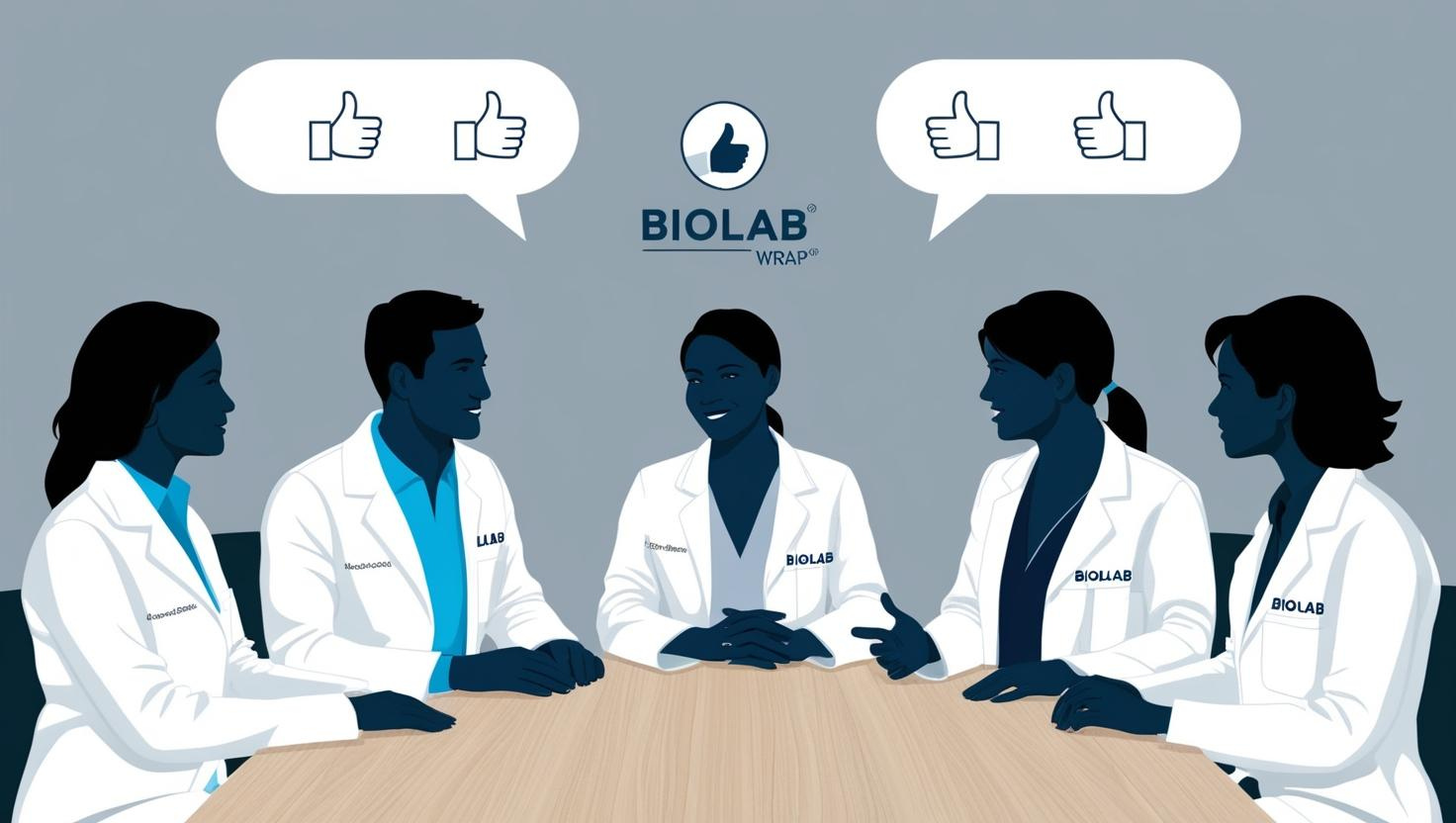 Silhouetted healthcare professionals in lab coats discussing wound dressings around a conference table, speech bubbles showing thumbs‑up over Biolab Wrap icon; semi‑flat illustration, muted corporate blue and white.