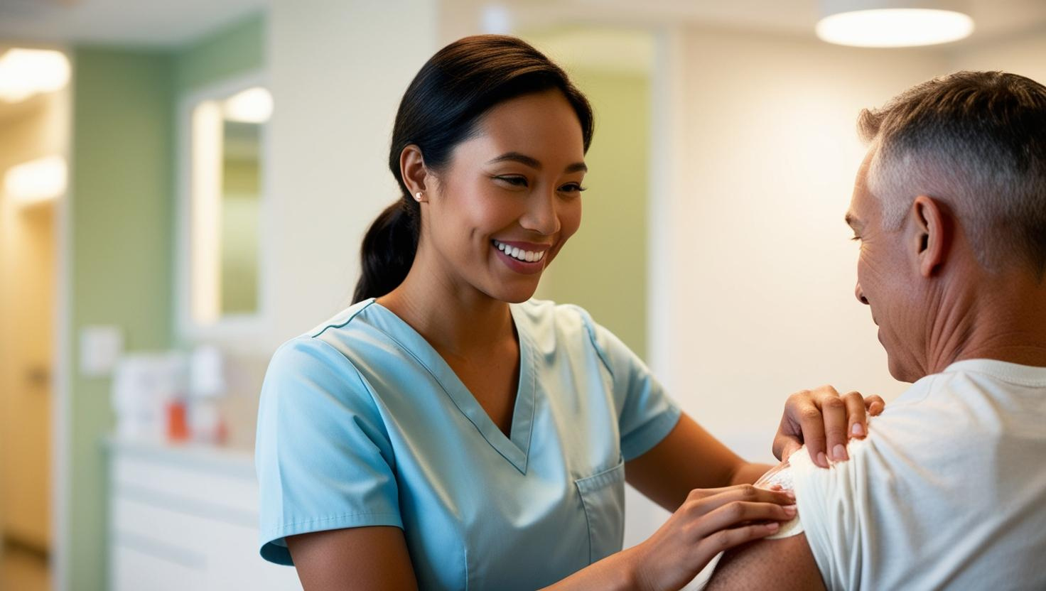 Nurse assisting in wound dressing with a patient, compassionate care setting, modern clinic background, focus on hands and teamwork, warm and clean tones