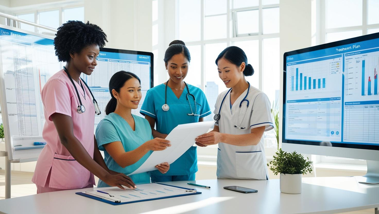 Team of diverse healthcare professionals reviewing patient treatment plan in a bright office, charts and digital screens around them, organized clinical environment