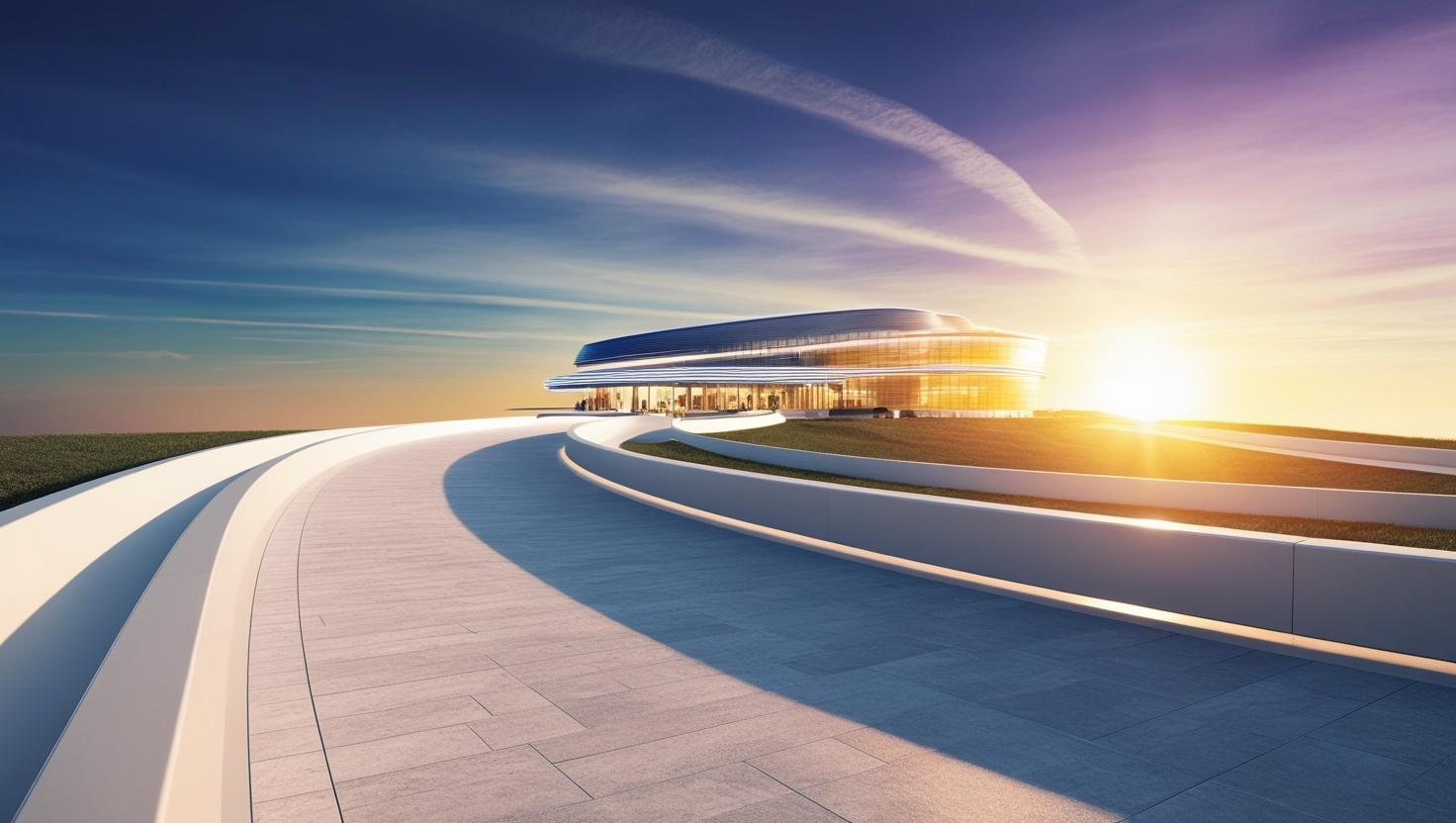 Forward-looking healthcare concept with a symbolic road or pathway leading toward a bright medical facility on the horizon, futuristic sky, innovation and progress theme