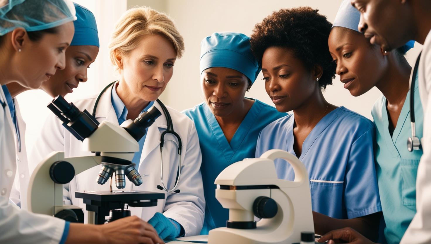 Close-up image of healthcare professionals discussing innovative biologic treatments, emphasizing gentle care, precision, and high-tech medical tools.