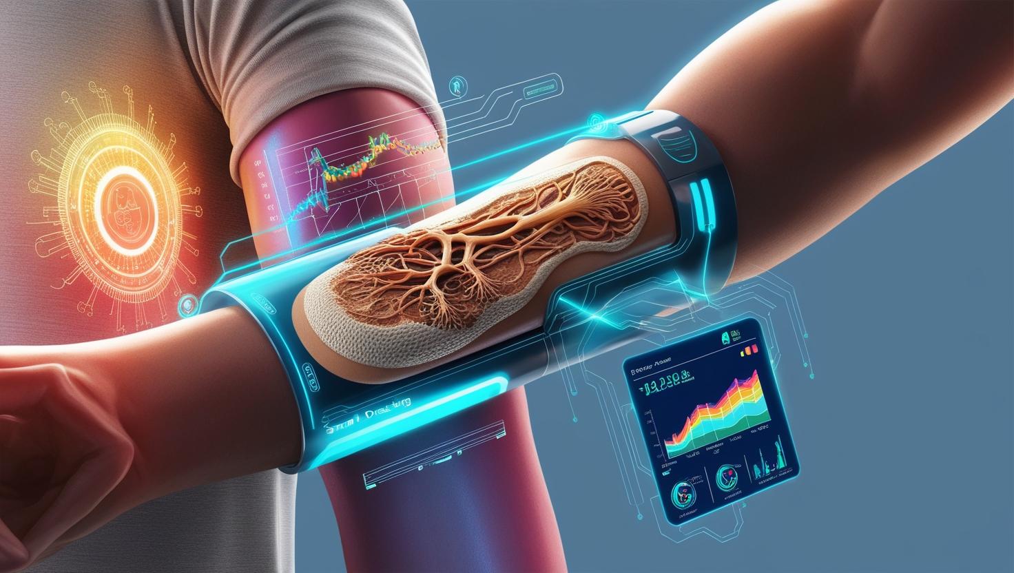 Conceptual illustration showing smart dressings, 3D-printed skin grafts, and AI-driven diagnostics in action; vivid colors, digital overlays showcasing real-time wound monitoring