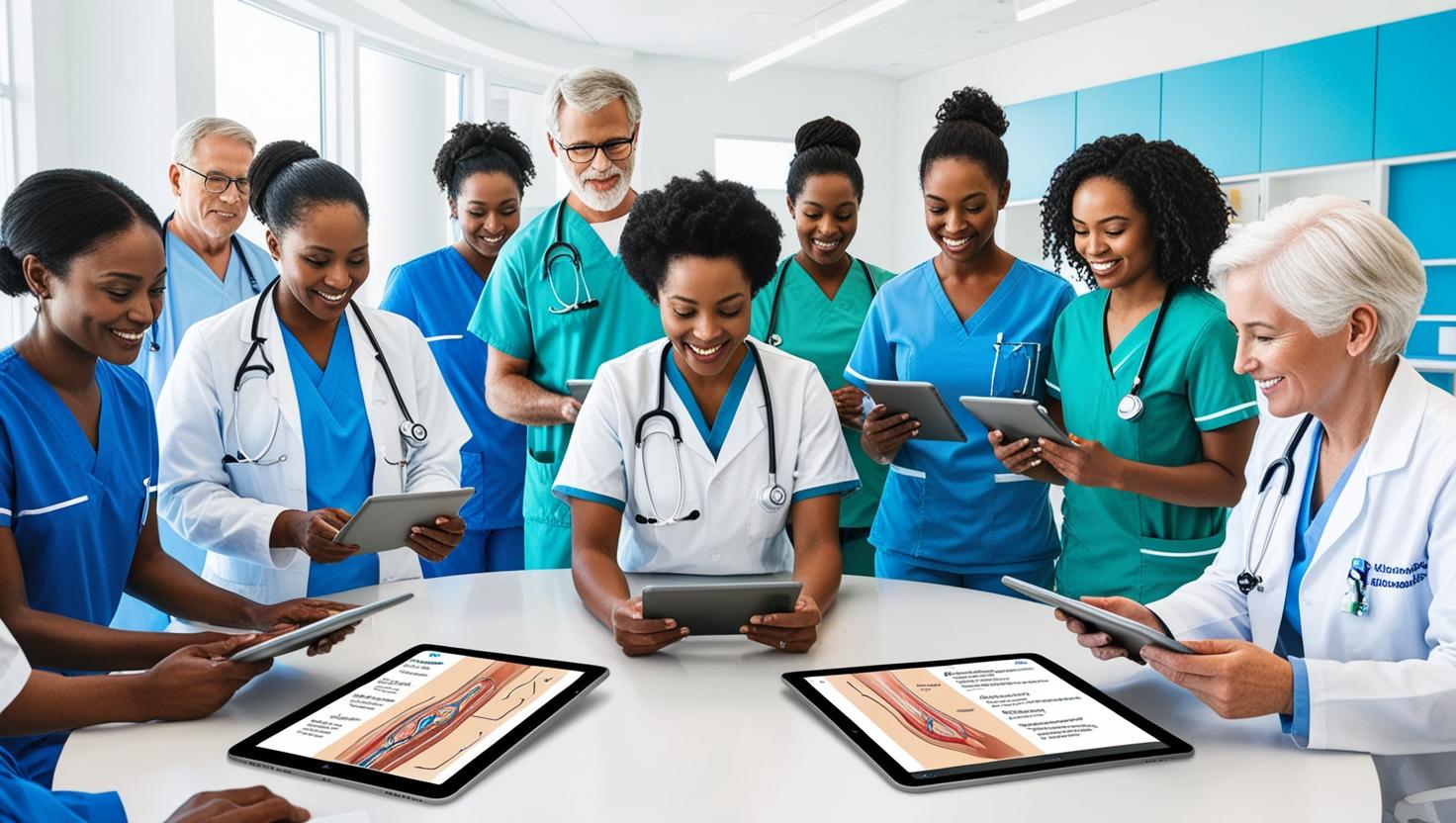 Group of healthcare professionals in a modern classroom or virtual training session, using tablets and digital displays featuring wound care diagrams and biologic therapies.