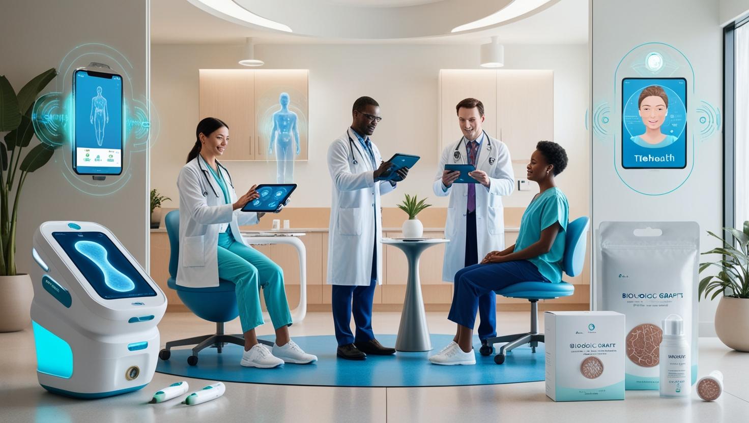 Visionary scene showcasing portable wound care devices, AI-driven diagnostics on tablets, telehealth interactions, and biologic grafts in futuristic packaging, all integrated seamlessly into everyday patient care.