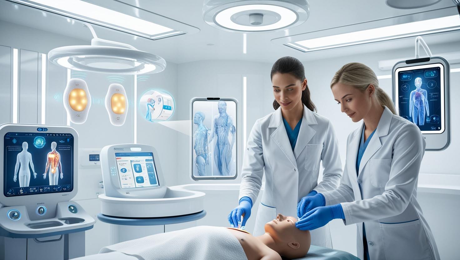 Futuristic medical setting featuring advanced wound care technology like smart dressings, sensors, and holographic AI displays