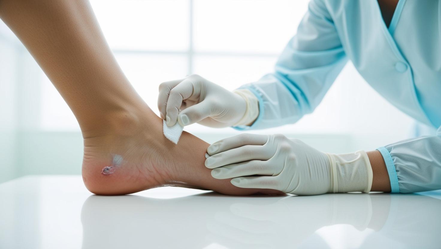 Foot with a small visible wound being gently cleaned by a healthcare worker, clean medical setting, calm atmosphere