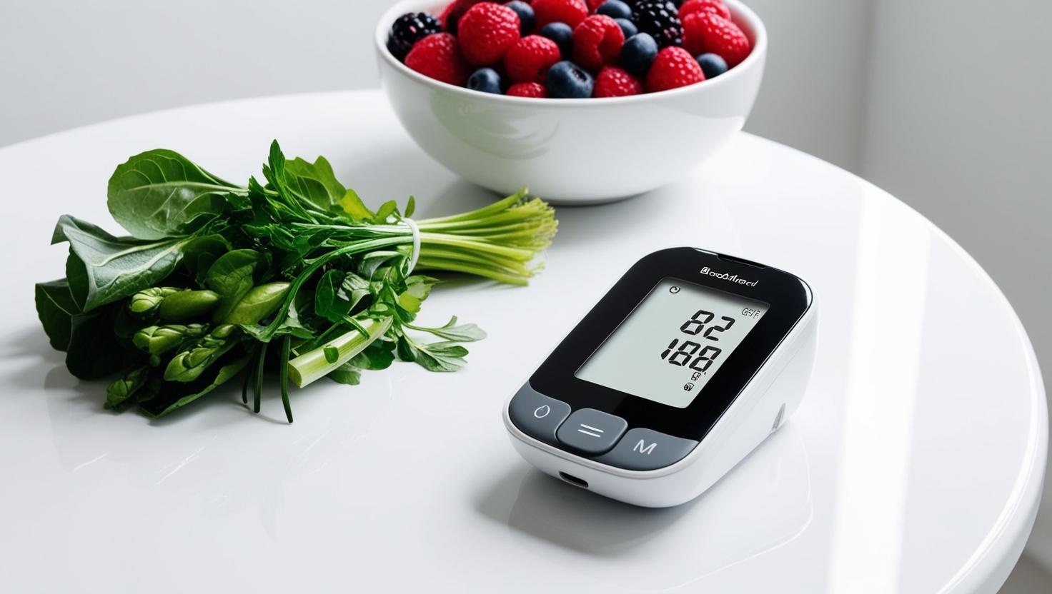 Blood glucose monitor on a table next to healthy food like berries and greens, clean white background, wellness style