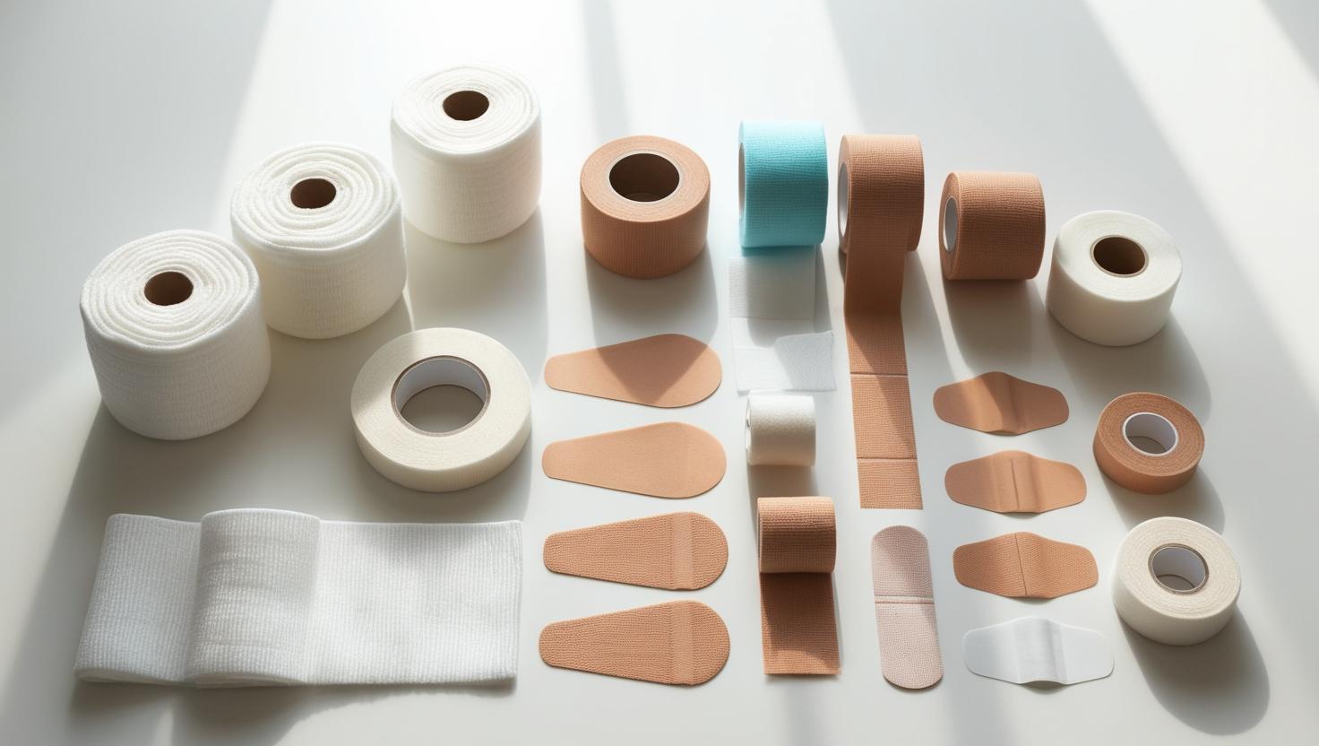Flat lay of basic wound care supplies — gauze, medical tape, bandages — on a clean surface