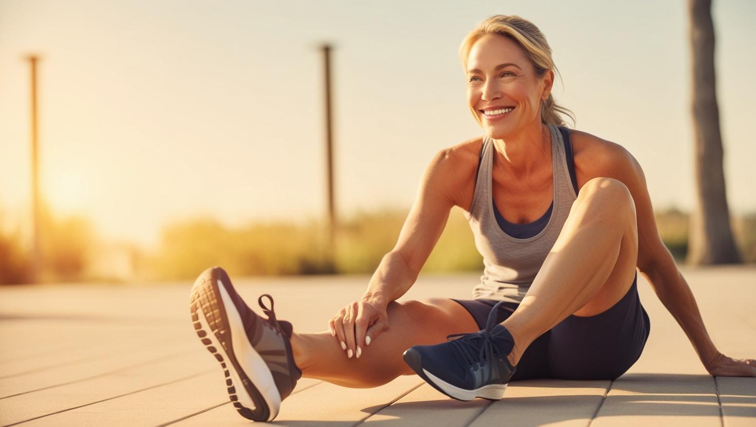 Smiling person walking outdoors in comfortable athletic shoes, sunny day, casual fitness vibe
