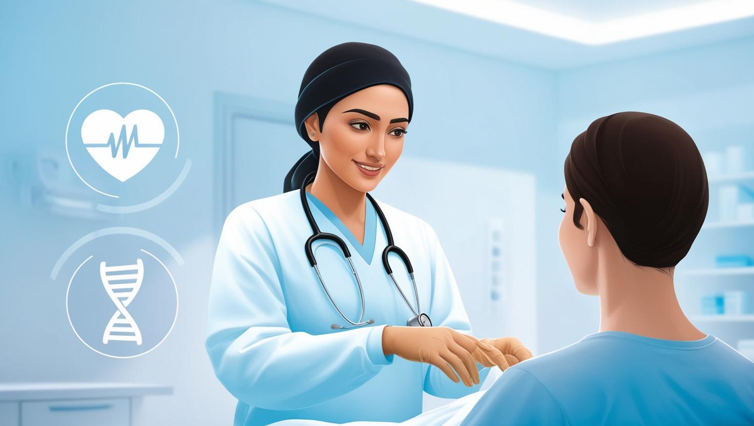 A clean, modern medical illustration of a healthcare professional gently examining a diabetic patient's foot in a clinical setting.