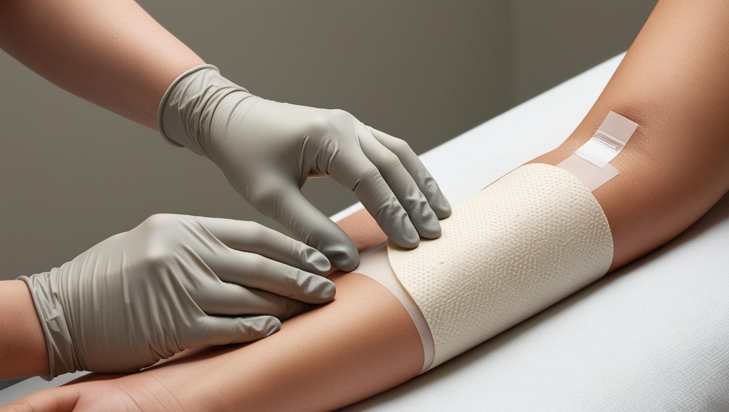 A professional yet approachable close-up image depicting the careful application of BioLab® Membrane Wrap onto a simulated wound on a light-skinned arm. The scene is clinically clean but evokes warmth and comfort through muted tones of beige, cream, and soft gray. The image focuses on the precise movements of gloved hands expertly applying the dressing, emphasizing the gentle and reassuring nature of the procedure. The lighting is soft and diffused, minimizing harsh shadows. The overall style is realistic and detailed, maintaining a focus on the medical procedure while conveying a sense of calm and care.