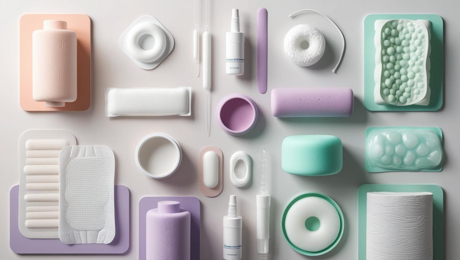 Graphic image showing various types of modern wound dressings like hydrocolloids, hydrogels, foam, and amniotic membranes arranged neatly, minimalistic professional layout, subtle pastel accents.