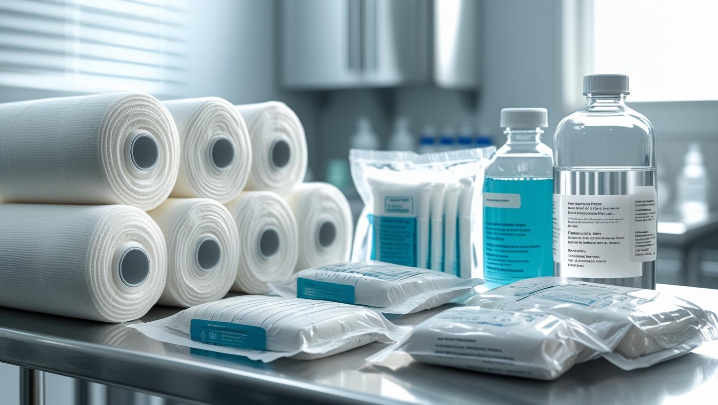Close-up shot of high-quality wound care supplies arranged neatly on a clean, stainless steel medical table. The supplies include pristine rolls of white gauze, individually packaged sterile dressings, sealed amniotic membrane packs, and bottles of clear antiseptic solutions with visible labels. The clinical setting is brightly lit with soft, diffused light, creating a professional and sterile atmosphere. The overall layout is clean and organized, emphasizing the quality and cleanliness of the medical supplies. The image should have a sharp focus and high detail, showcasing the texture of the gauze and the clarity of the solutions.