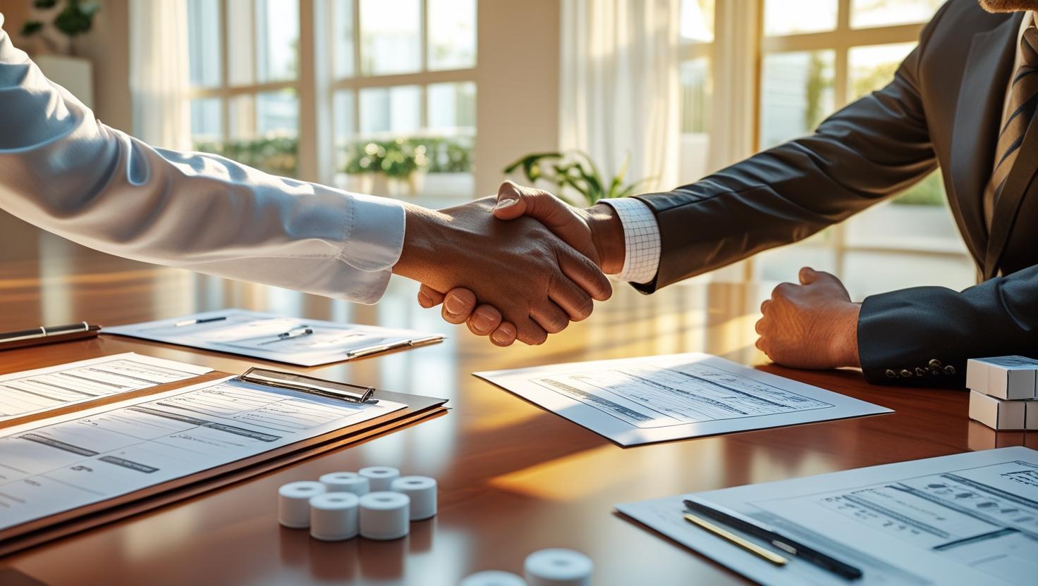 A healthcare administrator and a medical supplier shaking hands across a clean, mahogany desk. On the desk are neatly organized documents, detailed checklists, and several small, sterile-looking product samples. The office is bright and modern, with warm, natural light streaming through large windows. The overall atmosphere conveys mutual respect, a successful partnership, and a sense of professional agreement. The color palette consists primarily of warm browns, creams, and muted golds.