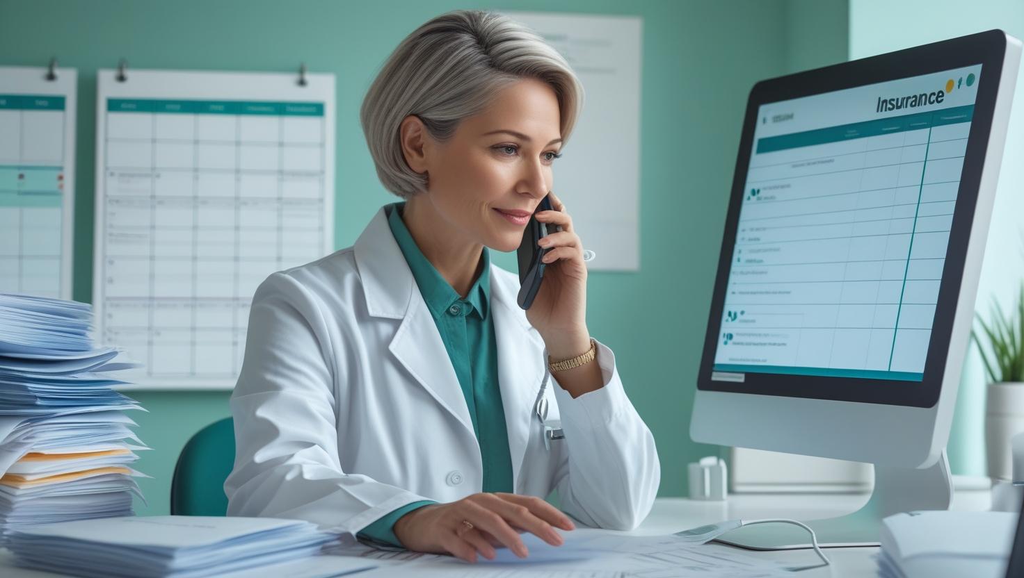 A compassionate, middle-aged female nurse with short, neatly styled hair, wearing a crisp white lab coat, efficiently handles a phone call while reviewing insurance documents displayed on a bright, modern computer screen. A clean, organized workspace is visible, featuring a calendar with appointments marked, neatly stacked forms, and various authorization checklists. The overall scene emphasizes a sense of calm efficiency and supportive patient care. The color palette is soft and professional, with muted blues and greens, and the image is sharply focused and well-lit.