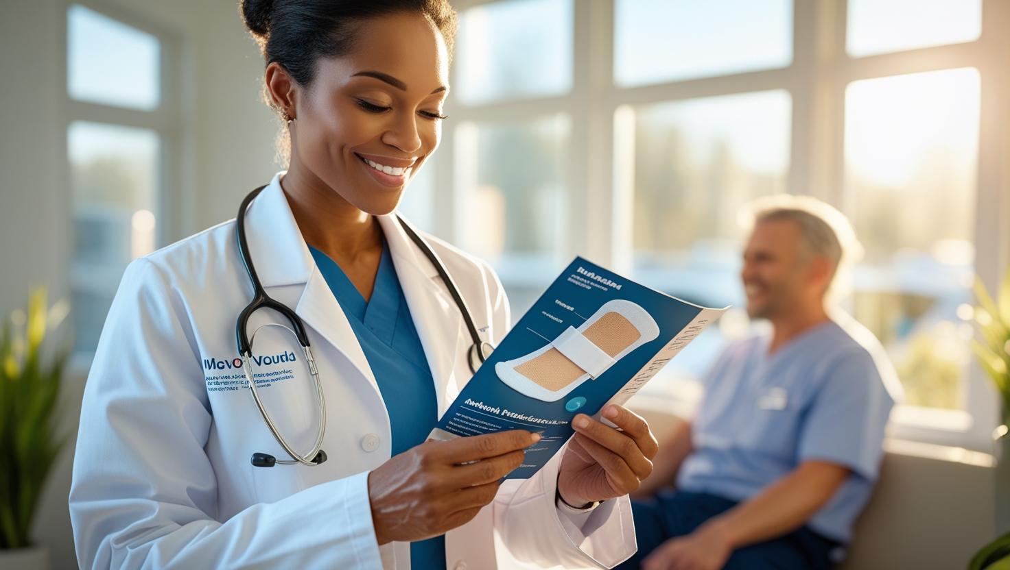 A healthcare provider, wearing a crisp white coat, confidently reviews an Advanced Wound Products brochure featuring a close-up of a bandage, in a brightly lit, welcoming clinic. Warm, natural light streams through large windows. A blurred, satisfied patient sits in the background, subtly visible. The overall aesthetic is clean, modern, and professional, emphasizing trust and partnership. The color palette is predominantly warm whites, creams, and subtle blues. The image should be styled as a high-quality medical advertisement.
