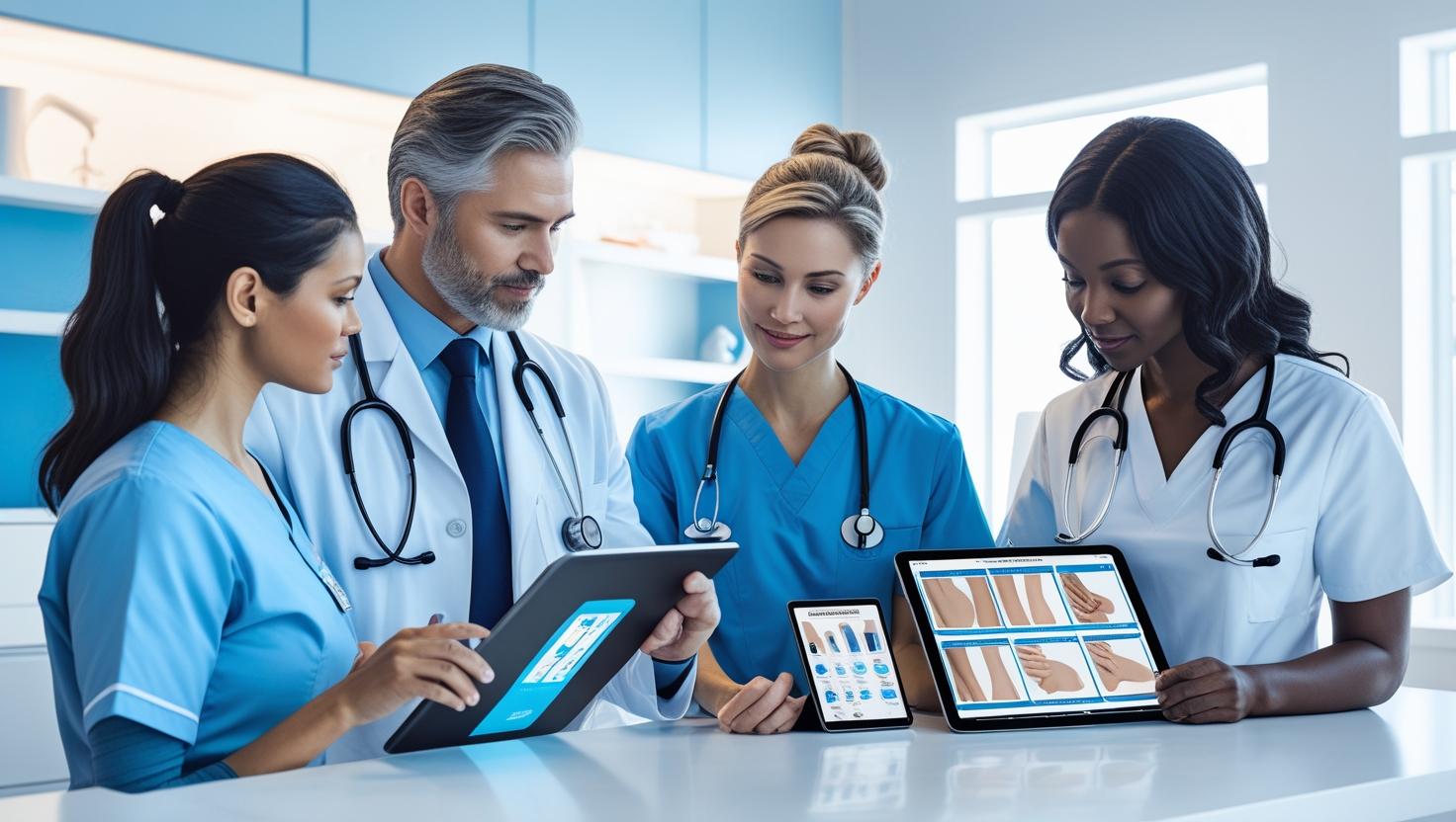 A professional medical distributor consults with a diverse healthcare team—a doctor, a nurse, and a distributor representative—in a bright, clean, modern clinical setting. The team reviews advanced wound care products displayed on digital tablets showing a product catalog. The scene is bathed in soft blue and white tones, conveying a calm and informative atmosphere. High resolution image, emphasizing clean lines and a modern aesthetic.